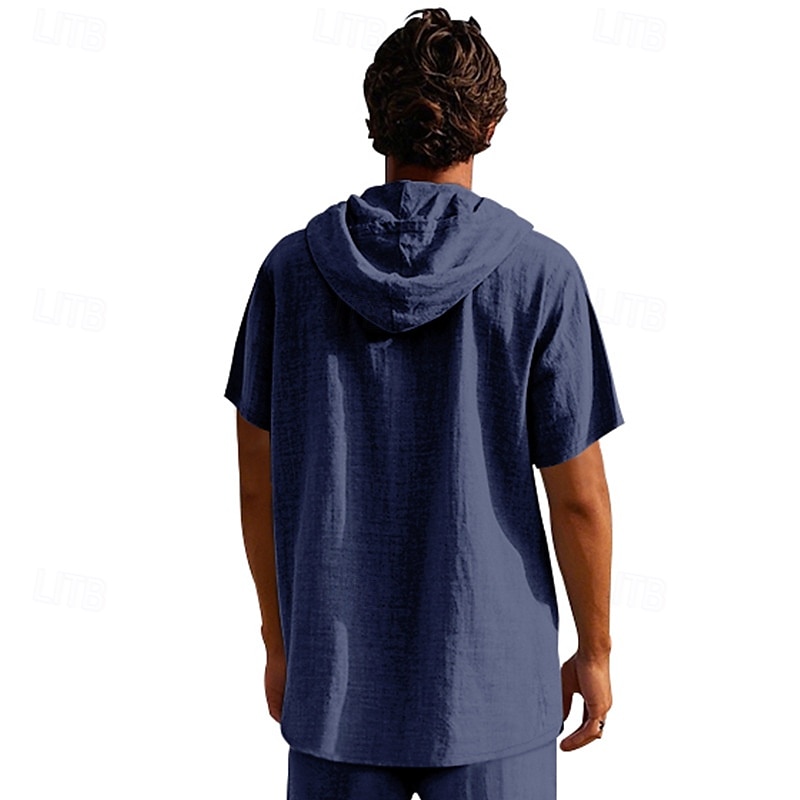 Men's Shirt Linen Shirt Popover Shirt Casual Shirt Cotton Shirt Plain Vacation Street Black White Navy Blue Brown Short Sleeve Hooded Summer Clothing Apparel Lace up 2025 - $22.99 –P12