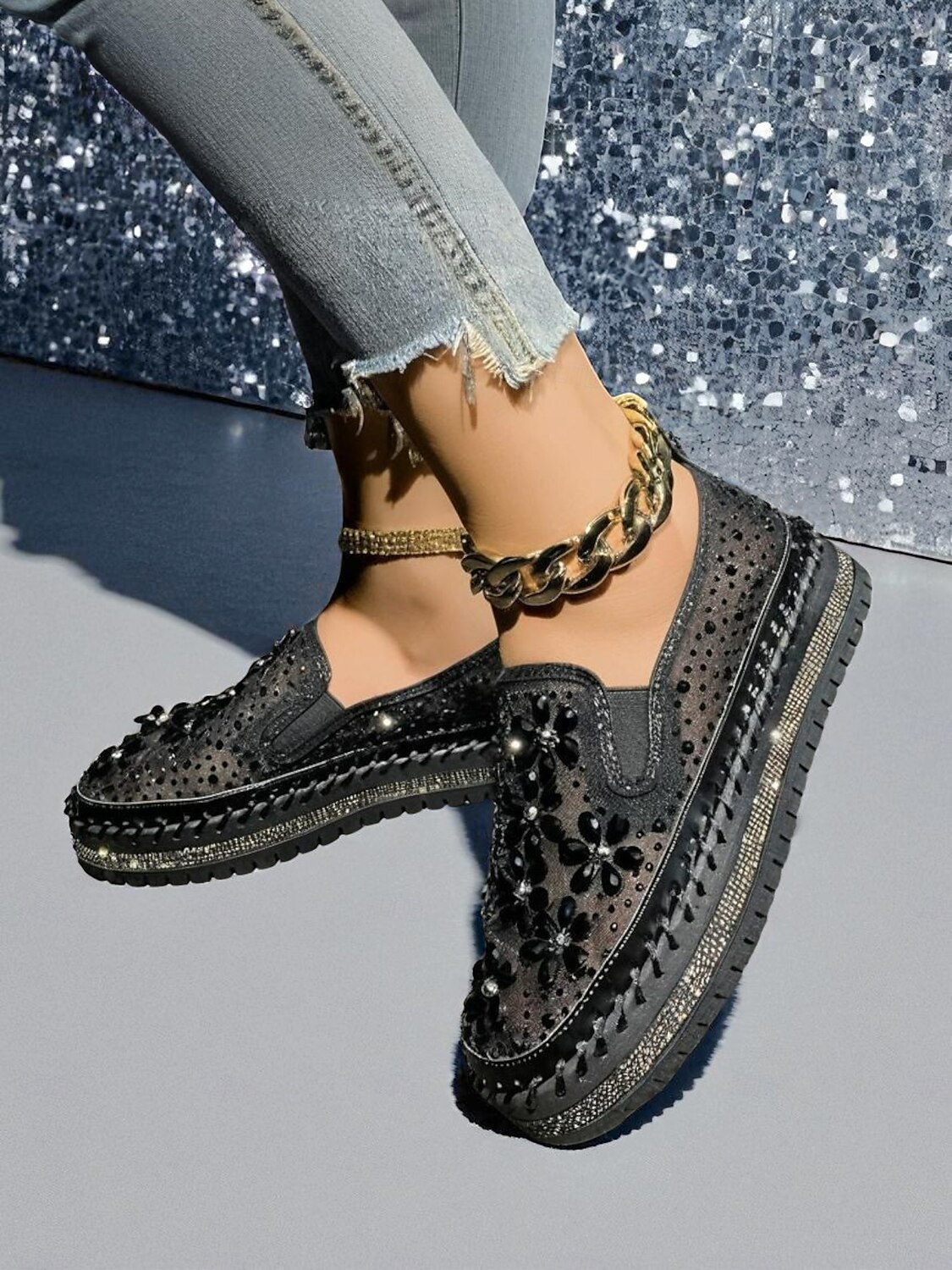 Sneakers slip-on da donna con strass, tomaia in mesh e suola spessa - scarpe alla moda per la vita notturna, le feste e le discoteche del 2025 a $34.99 –P2