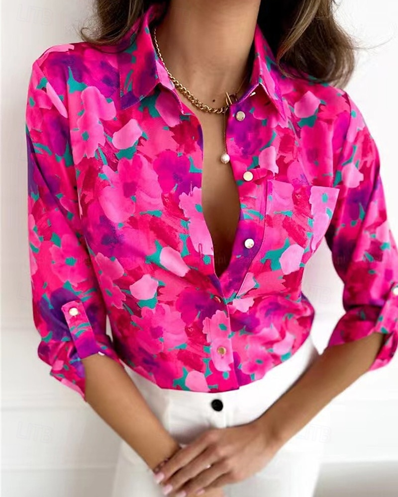 Damen Hemd Blumen Täglich Stilvoll Basic Langarm Hemdkragen Normale Oberteile Arbeit Täglich Ferien Knöpfe Druck Rosa Blau Rosa Frühling Herbst 2025 - $19.99 –P6