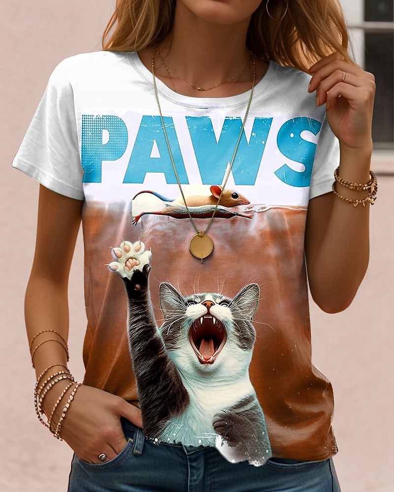 Women's T Shirt Graphic Cat Letter Vintage Stylish Classic Short Sleeve Crew Neck Regular Tops Daily Weekend Print Blue Purple Green Khaki Summer Spring 2025 - $19.99 –P5