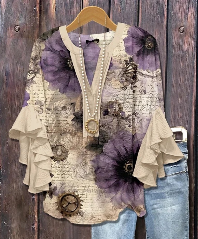 Damenbluse V-Ausschnitt Floral Grafik Elegant Bohemia Ethnisch 3/4-Ärmel Reguläre Oberteile Alltag Urlaub Freizeit Rüsche Print Königsblau Blau Helllila Khaki Sommer Frühling Herbst 2025 - $29.99 –P2