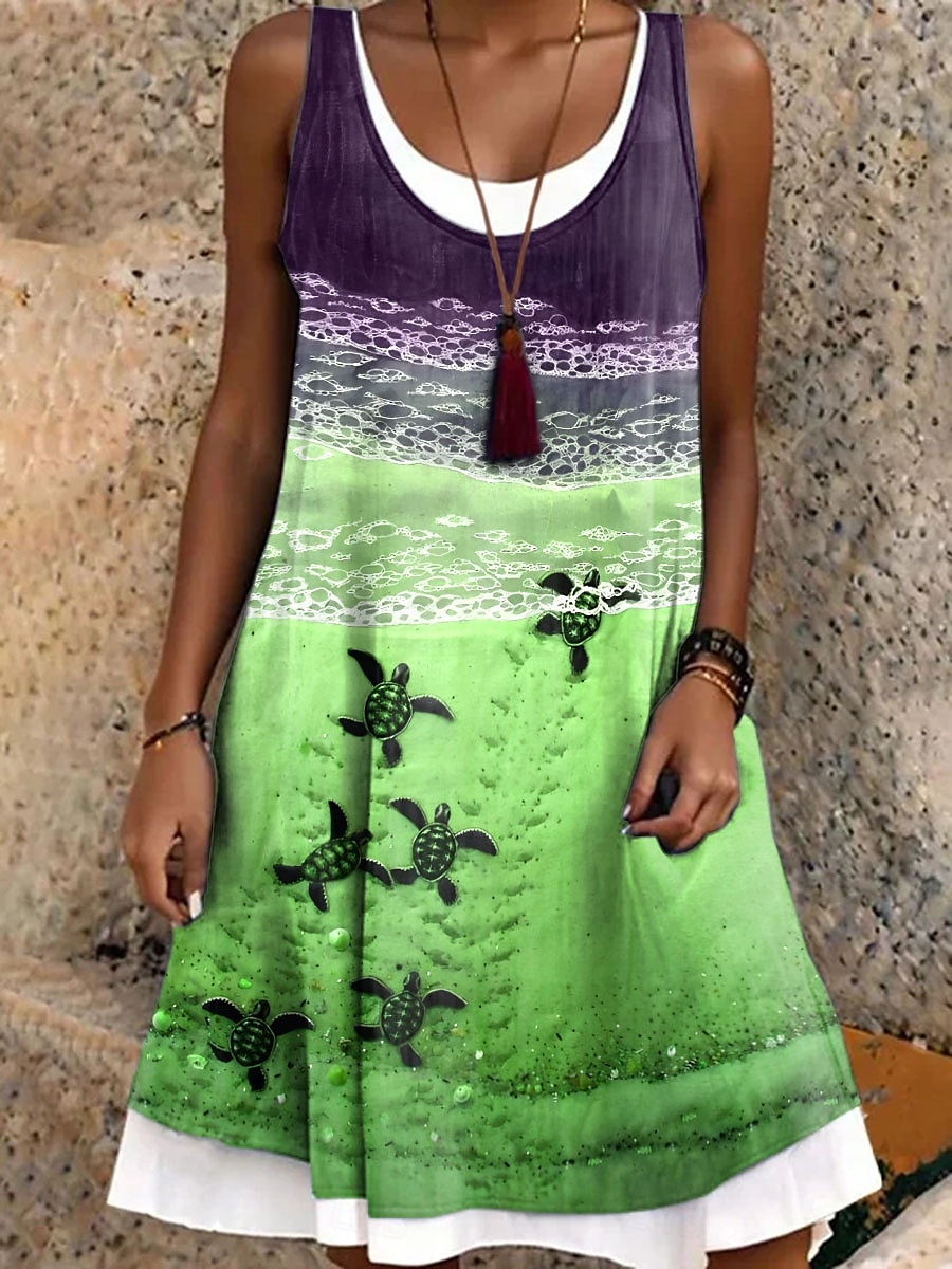 Dam Mini klänning Solklänning A linjeklänning Off Shoulder Klänning Semester Ledigt Boho Dagligen Normal Grafisk Djur Ärmlös Rund hals Blå Purpur Brun Grön Sommar Vår Höst 2025 - $24.99 –P4