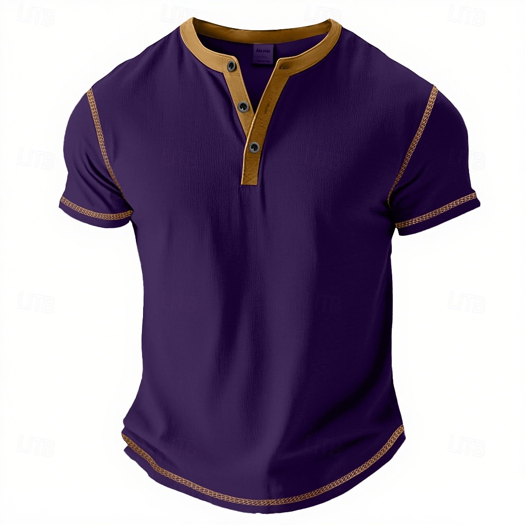 Men's Henley Shirt Tee Top Cotton Blend T-Shirt Short Sleeve Plain Fashion Designer Basic Contrast Lace Henley Vacation Street Casual Summer All Seasons Purple Navy Blue Royal Blue Henley T-Shirt 2026 - $17.99 –P4