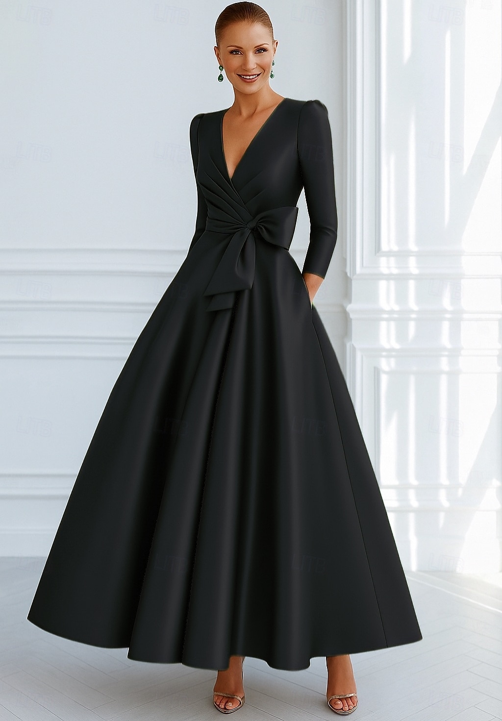Bind A-Linien Abendkleid Elegantes Kleid Formelle Hochzeitsgast Boden Länge 3/4 Länge Ärmel V-Ausschnitt Tasche Stretch Satin mit Schleife(n) 2025 - $147.99 –P6