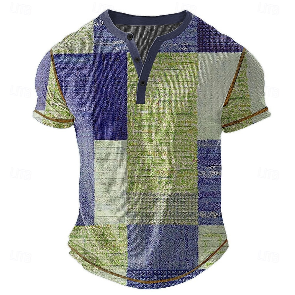 Men's Geometric Henley Shirt Waffle T Shirt Short Sleeve Daily Retro Vintage Classic Sports Outdoor Casual Holiday Spring & Summer All Seasons Dark Brown Green Blue Khaki Henley Henley T-Shirt 2025 - $22.99 –P3