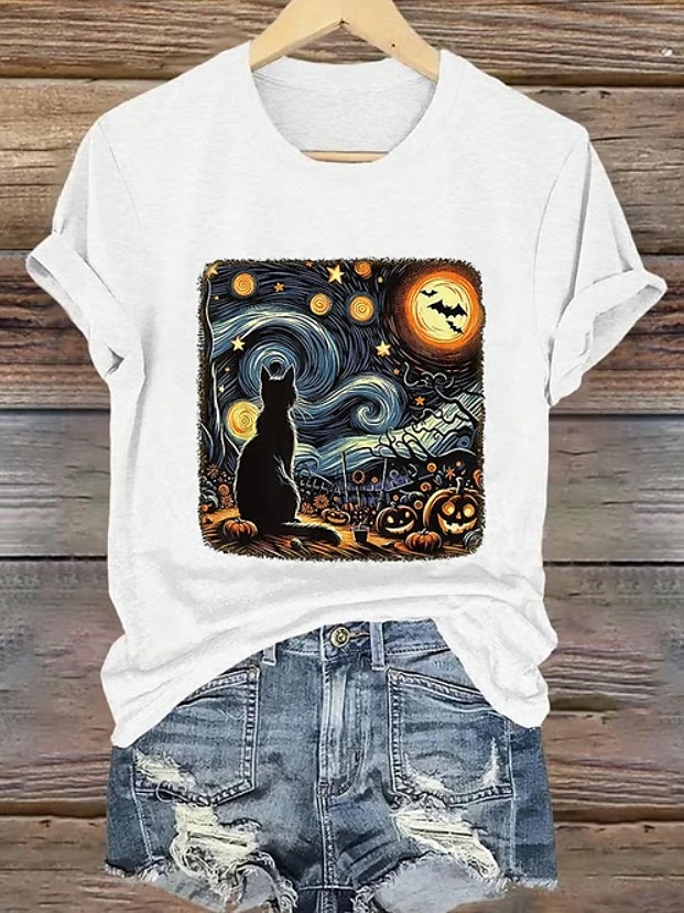 Halloween Femmes T-shirt Graphique Crâne Chat ancien Élégant Classique Manche Courte Col ras du cou Col rond Hauts Réguliers Quotidien Week-end Imprimé Noir Blanche Bleu Orange Gris Été Automne de 2025 ? $19.99 –P2
