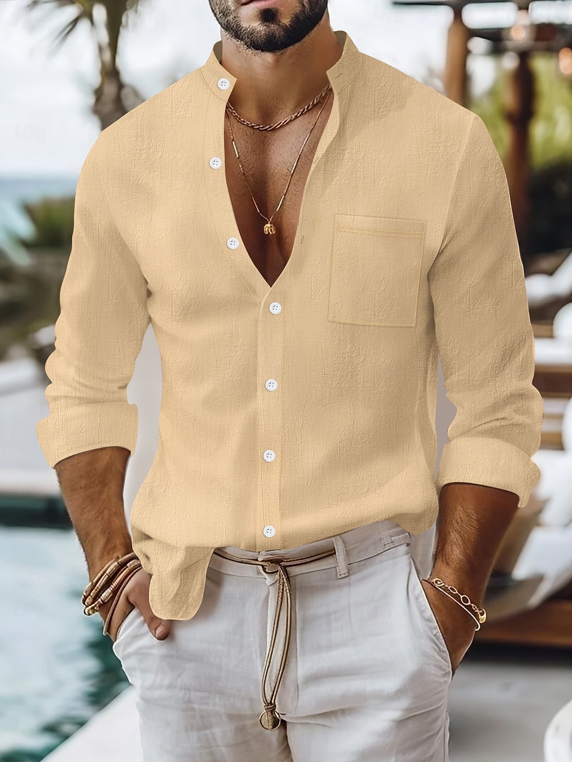 Per uomo Camicia Camicia di lino Camicia Estiva Abbigliamento da spiaggia Camicia con Bottoni Semplice Vacanza Quotidiano Nero Bianco Giallo Blu marino Manica Lunga Colletto alla coreana Estate del 2025 a $23.99 –P5