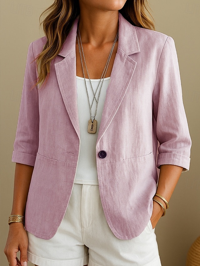 Blazer de lino y algodón para mujer, cómodo, transpirable, con bolsillos, informal, liso, para oficina, calle, uso diario, botonadura sencilla, cuello vuelto, corte regular, manga larga, prenda exterior, amarillo, rosa, albaricoque, verano, primavera. 2025 - $33.99 –P3