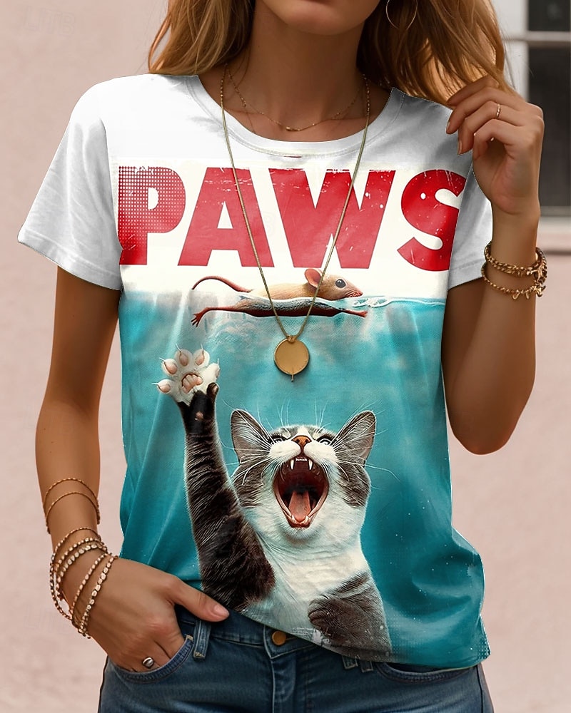 Women's T Shirt Graphic Cat Letter Vintage Stylish Classic Short Sleeve Crew Neck Regular Tops Daily Weekend Print Blue Purple Green Khaki Summer Spring 2025 - $19.99 –P1