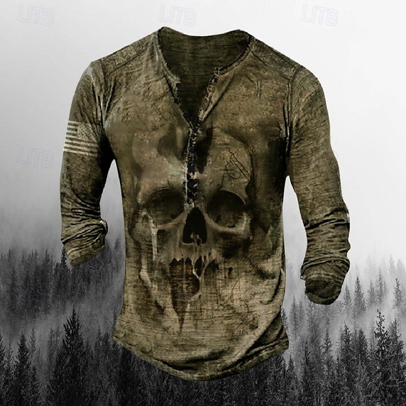 Men's T shirt Tee Henley Shirt Graphic Skull Henley Army Green Brown Khaki Gray Plus Size Street Casual Long Sleeve Button-Down Print Clothing Apparel Stylish Retro Vintage Basic 2025 - $23.99 –P4