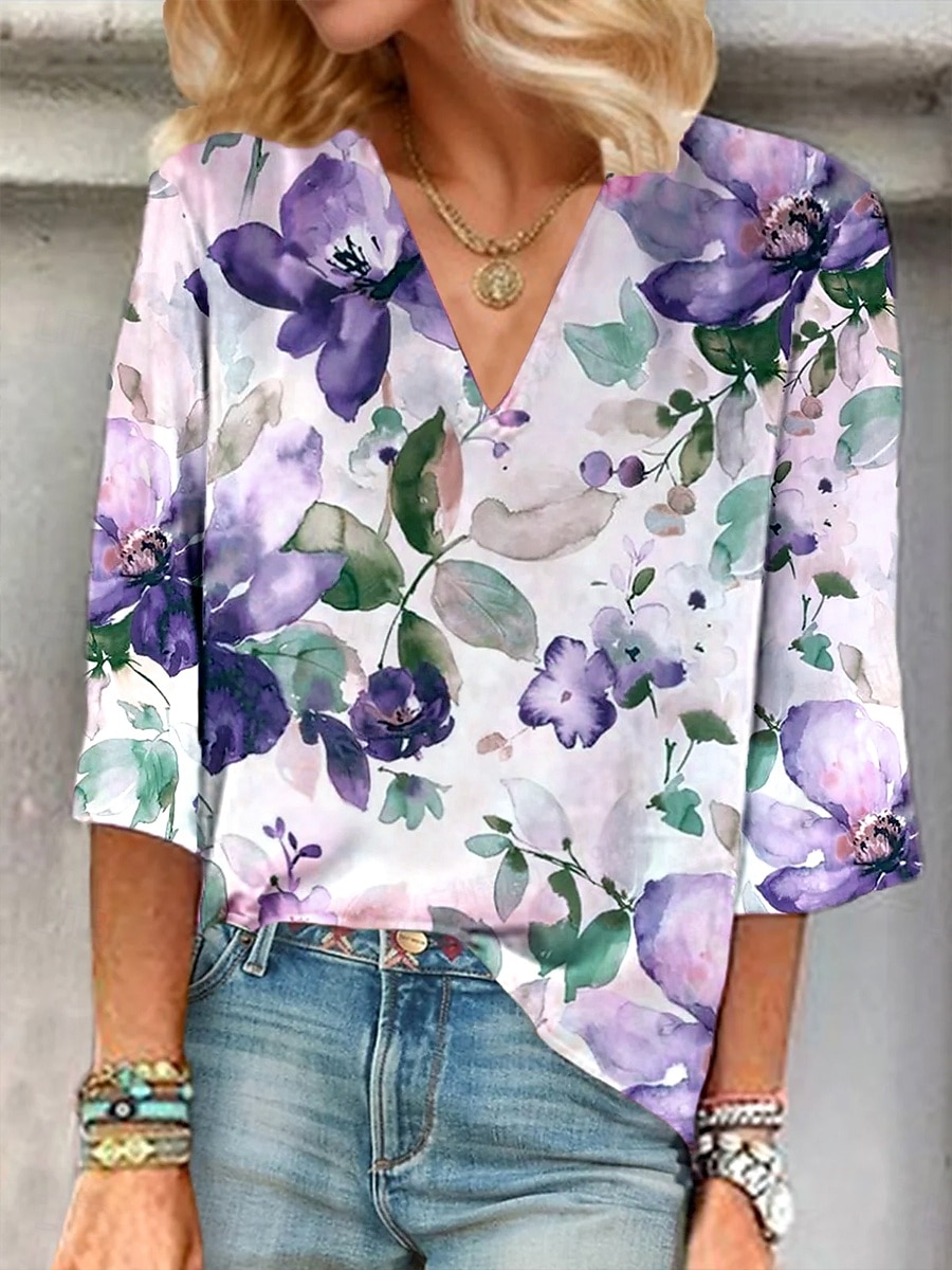 Damenbluse Button-Down Floral Grafik Elegant Stylisch Basic 3/4-Langarm V-Ausschnitt Reguläre Oberteile Täglich Urlaub Ausgehen Druck Weinrot Lila Grün Sommer Frühling 2025 - $25.99 –P5