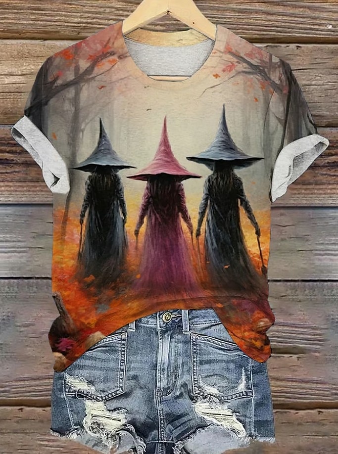 Halloween Dámské Tričko Grafika předvečer Všech svatých Čarodějnice Vinobraní stylové Klasické Krátký rukáv Tričkový Běžné topy Denní Víkend Tisk Šalvějová zeleň Žlutá Vodní modrá Oranžová Šedá Léto 2025 - $19.99 –P3