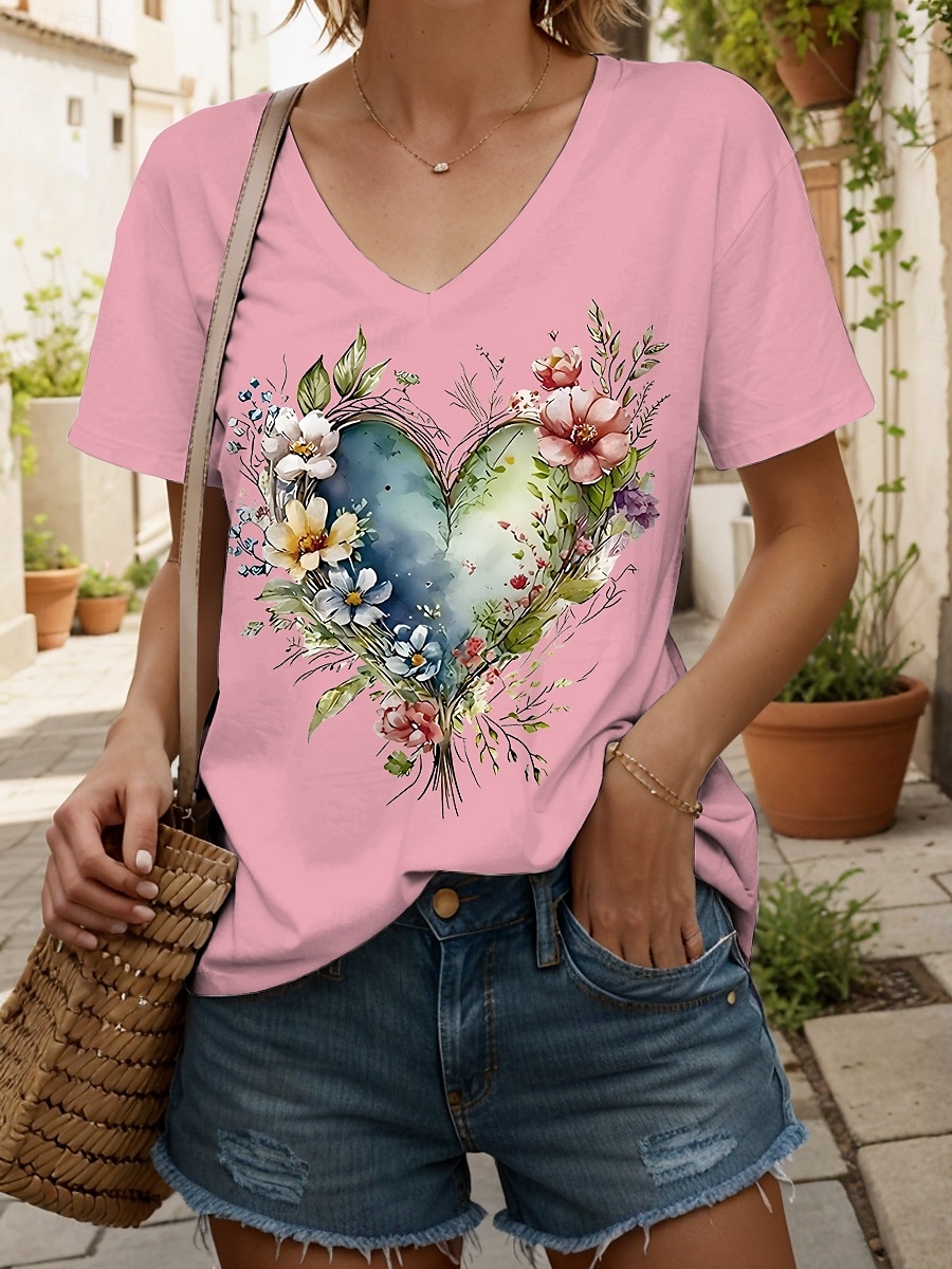 Femmes T-shirt Cœur Fleuri Graphique ancien Mode Hawaïen Manche Courte Col en V Hauts Réguliers Quotidien Sortir Week-end Imprimé Noir Blanche Jaune Rose Claire Bleu Été Printemps de 2025 ? $19.99 –P1