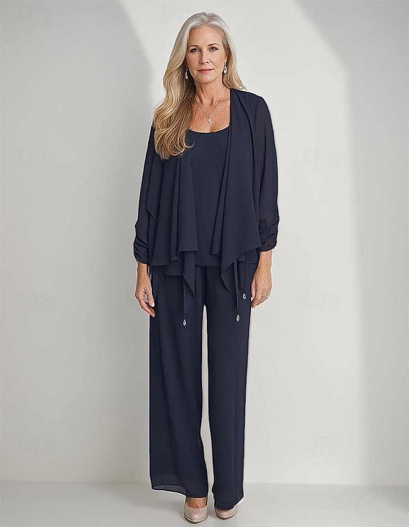 3 Piece Mother of the Bride Pantsuits Elegant Simple Luxurious Square Neck Floor Length Chiffon 3/4 Length Gathered Sleeve with Crystals Cascading Ruffles 2025 2025 - $135.99 –P1