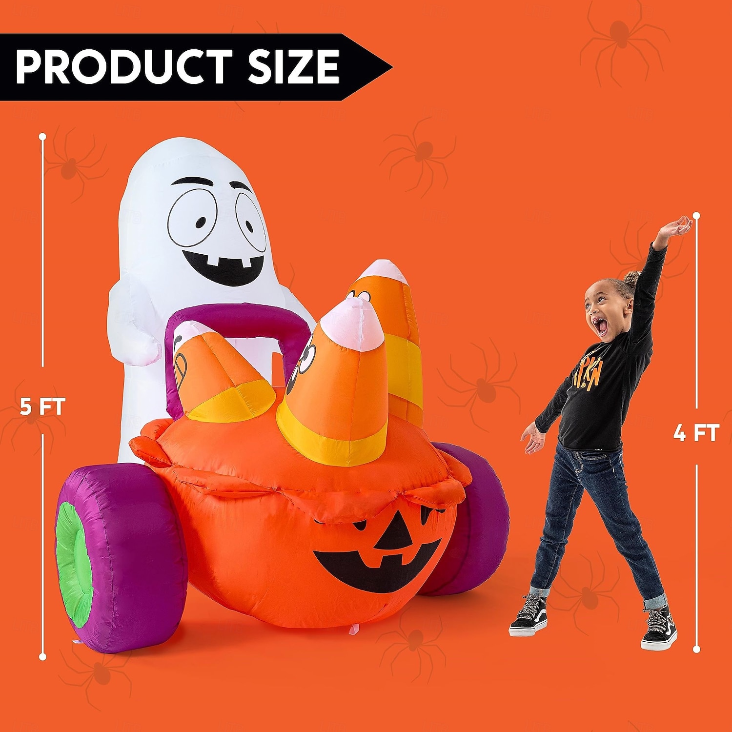 Gonfiabile fantasma di Halloween da 5 piedi che spinge una carrozza di zucche con caramelle, decorazione da giardino gonfiabile con LED integrati per feste di Halloween all'aperto, al chiuso, in del 2025 a $145.99 –P5