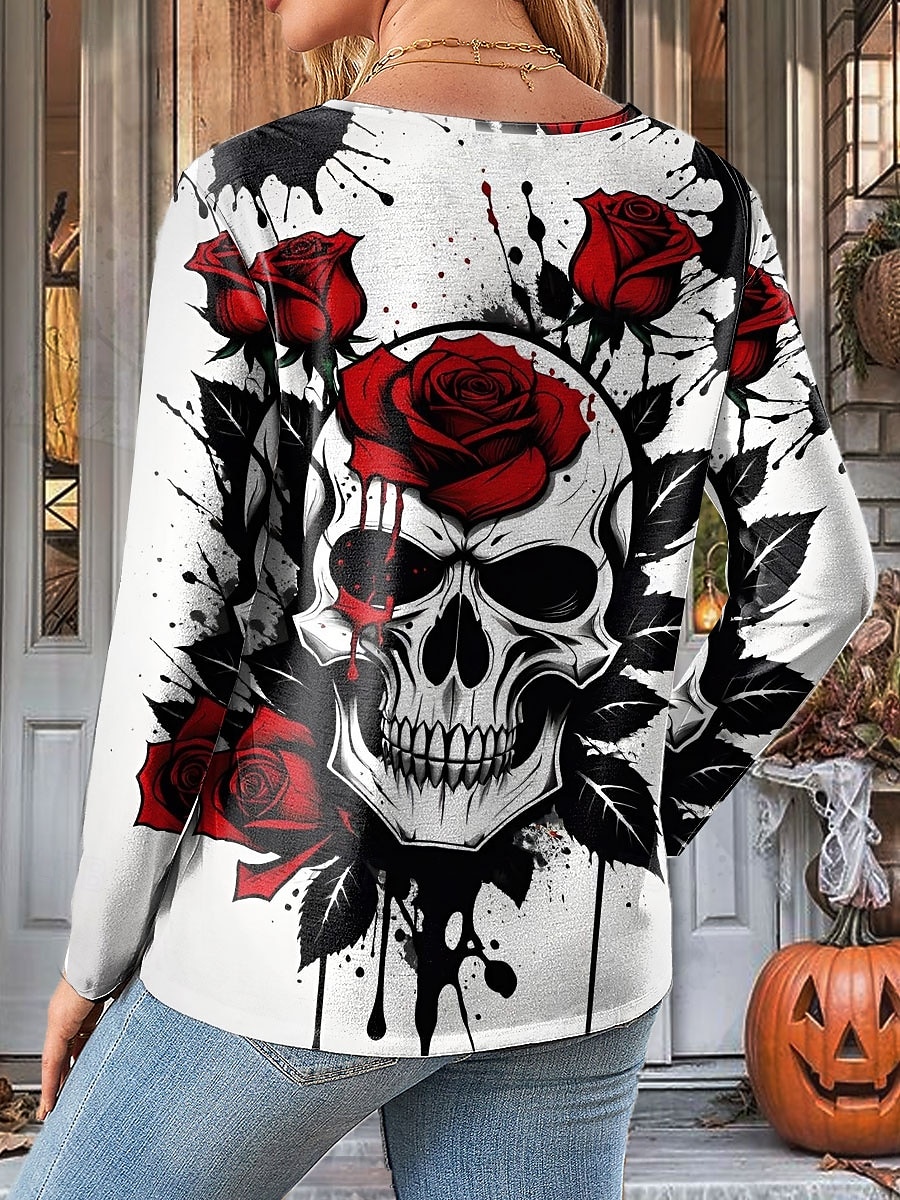 Halloween Dame T skjorte Grafisk Hodeskaller Rose Årgang Stilfull Klassisk Langermet Crew-hals Vanlige topper Daglig Trykt mønster Rød Lilla Oransje Grønn Vår Høst 2025 - $22.99 –P2