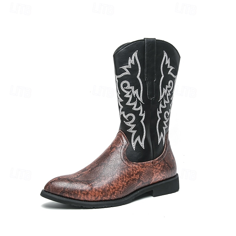 Homme Bottes Bottes de Cowboy Rétro Chaussures en Peau de Serpent Marche ancien Occasionnel Cuir PU Confortable Antidérapant Chaud Bottes Mi-Mollet Mocassin Marron Noir / Rose de 2025 ? $64.99 –P2