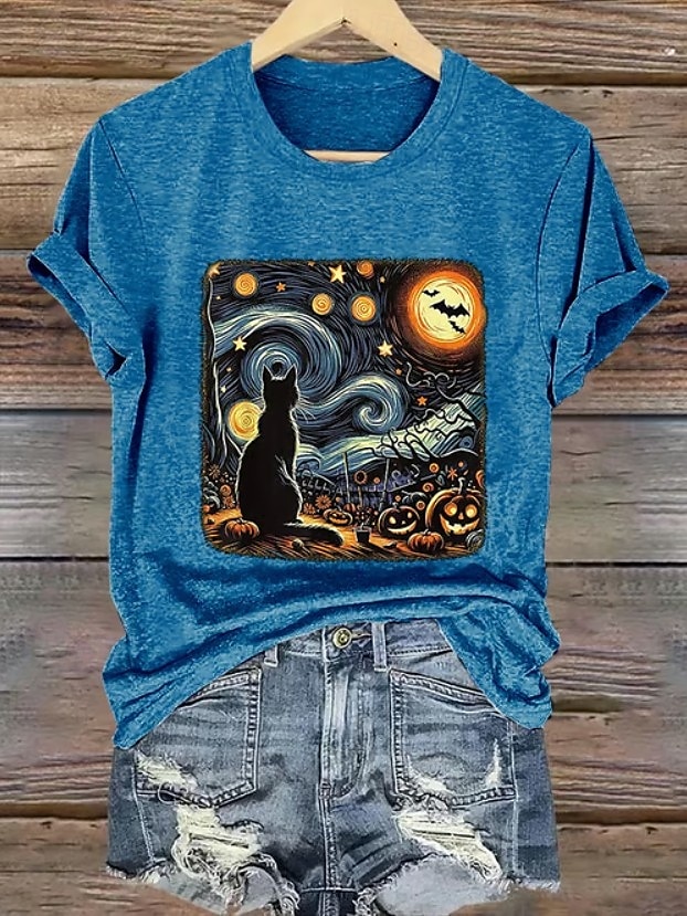 Halloween Femmes T-shirt Graphique Crâne Chat ancien Élégant Classique Manche Courte Col ras du cou Col rond Hauts Réguliers Quotidien Week-end Imprimé Noir Blanche Bleu Orange Gris Été Automne de 2025 ? $19.99 –P1