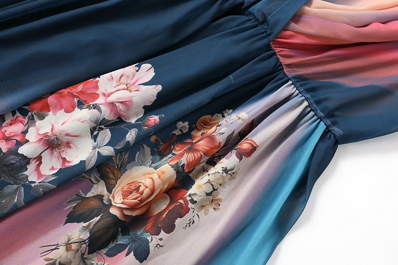 damska długa sukienka maxi sukienka casualowa sukienka rozkloszowana sukienka w kwiaty sukienka letnia sukienka boho vintage wakacje codzienne wakacje regularny krój kwiatowy długi rękaw dekolt w serek niebieski lato 2025 - $28.99 –P8