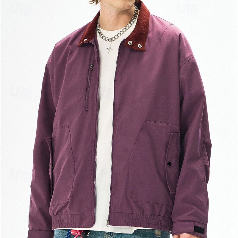 Men's Lightweight Jacket Cargo Jacket Casual Jacket Vacation Daily Windproof Windbreaker Pocket Fall Winter Plain Fashion Classic Stand Collar Regular Black White Purple Green Jacket 2025 - $51.99 –P3
