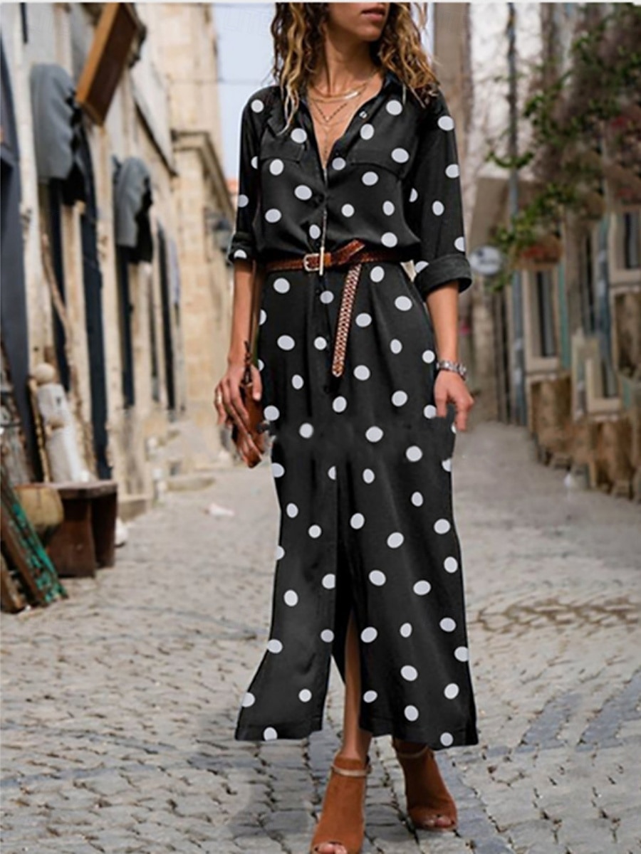 Femmes Robe maxi Robe fourreau Vacances Occasionnel Quotidien Coupe régulière À pois manche longue Col de chemise Vert militaire Noir Rouge Bleu Été Printemps de 2025 ? $26.99 –P3