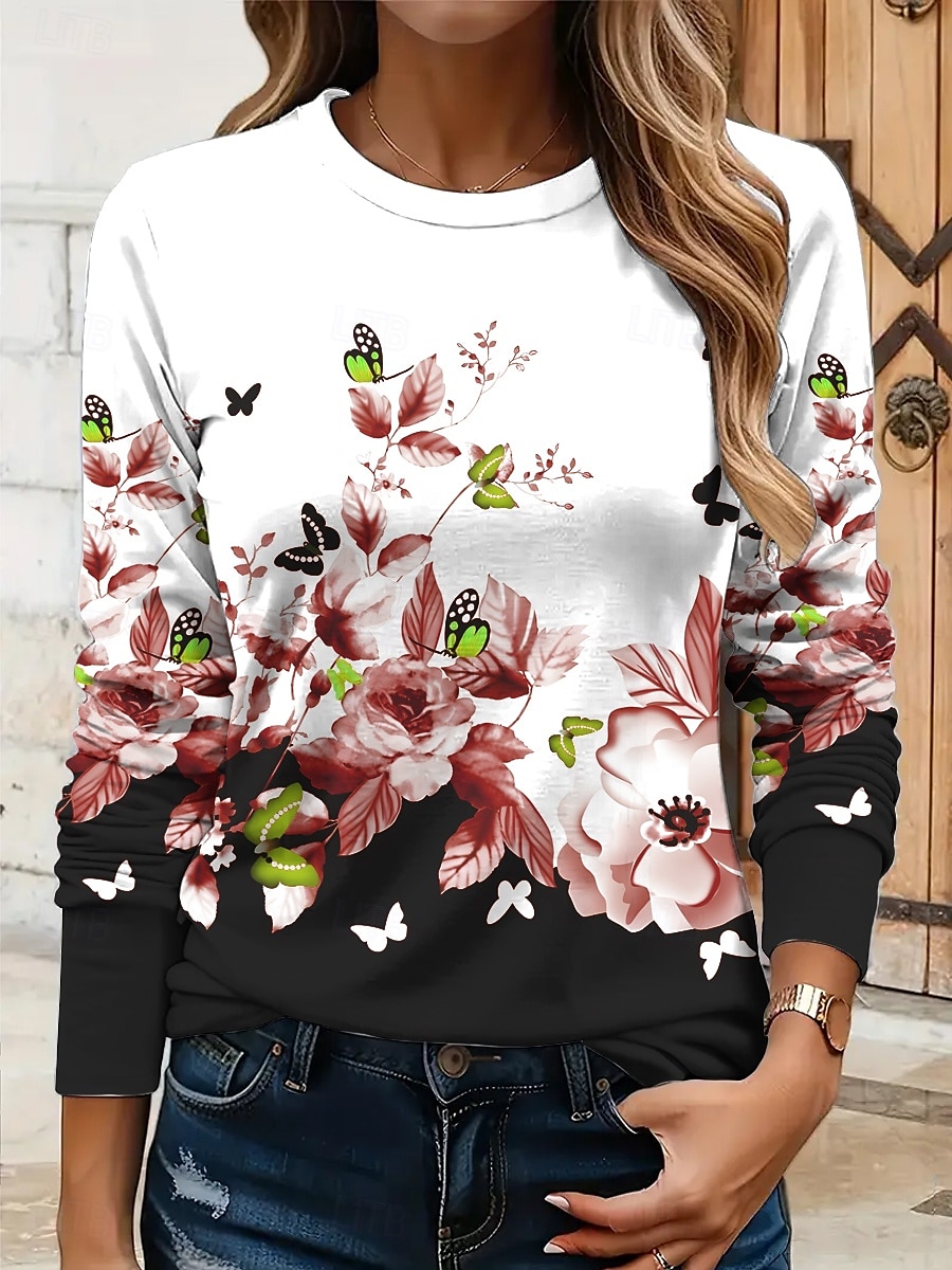 Per donna Maglietta Floreale Grafico Farfalla Vintage Elegante Classico Manica Lunga Girocollo Top Regolari Quotidiano Stampato Giallo Rosso Blu Viola Verde Estate Primavera Autunno del 2025 a $22.99 –P6