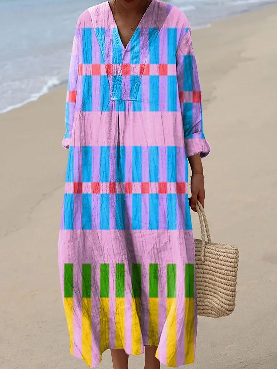 Damen Midikleid Sommerkleid A Linie Kleid Urlaub Lässig Boho Party Strand Lässiger Schnitt Grafik Geometrisch Langarm V Ausschnitt Gelb Rosa Blau Orange Sommer Frühling Herbst 2025 - $35.99 –P2