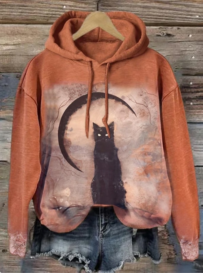Sudadera con capucha para mujer tipo pullover oversized de manga larga estilo casual gráfica de gato impresión de moda top con capucha regular ropa de calle uso diario cordón impresión negro naranja 2025 - $24.99 –P2