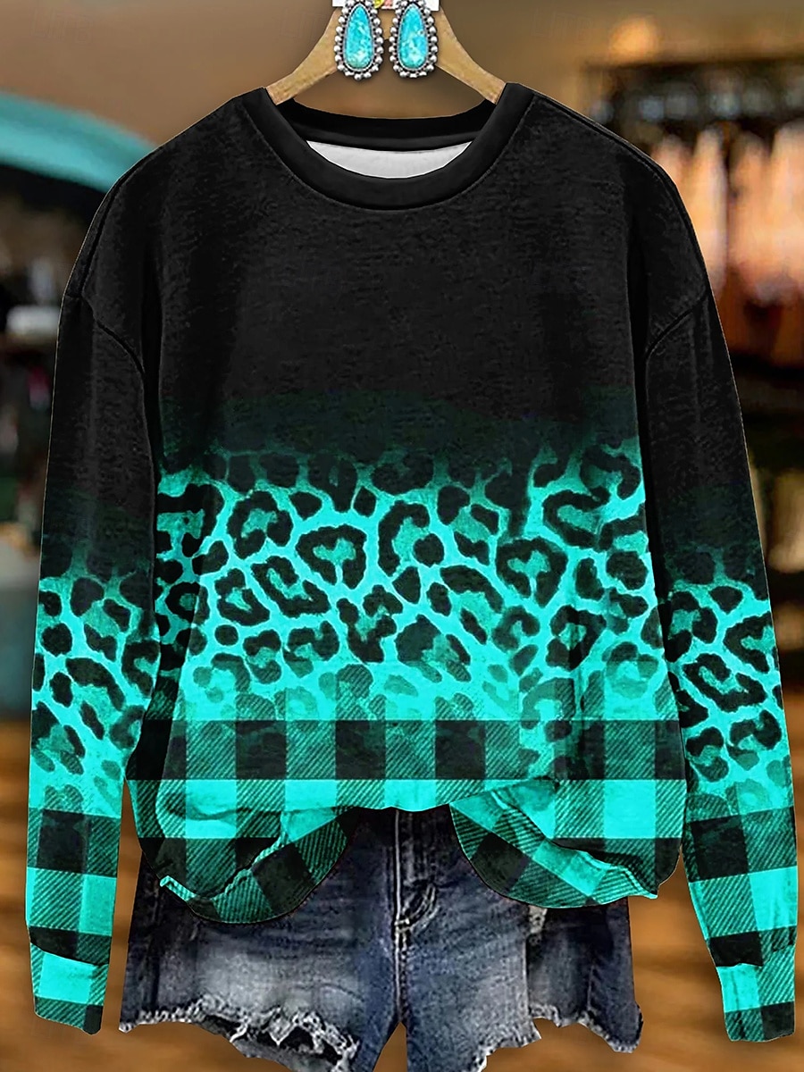 Dame Gensere Grafisk Leopard Fritid Langermet Crew-hals Vanlige topper Gate Hverdag Trykt mønster Svart Blå Grønn Høst Vinter 2025 - $24.99 –P1