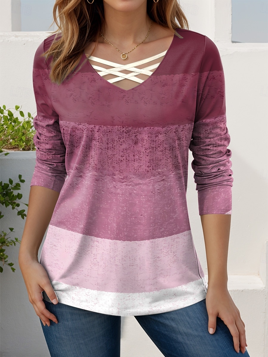 Γυναικεία Μπλουζάκι Με κοψίματα Στάμπα Γραφική Γεωμετρικό Βίντατζ Στυλάτο Μοντέρνα Μακρυμάνικο Λαιμόκοψη V Κανονικά μπλουζάκια Καθημερινά Λευκό Ανθισμένο Ροζ Dusty Rose Καφέ Χακί Άνοιξη Φθινόπωρο 2026 - $24.99 –P6