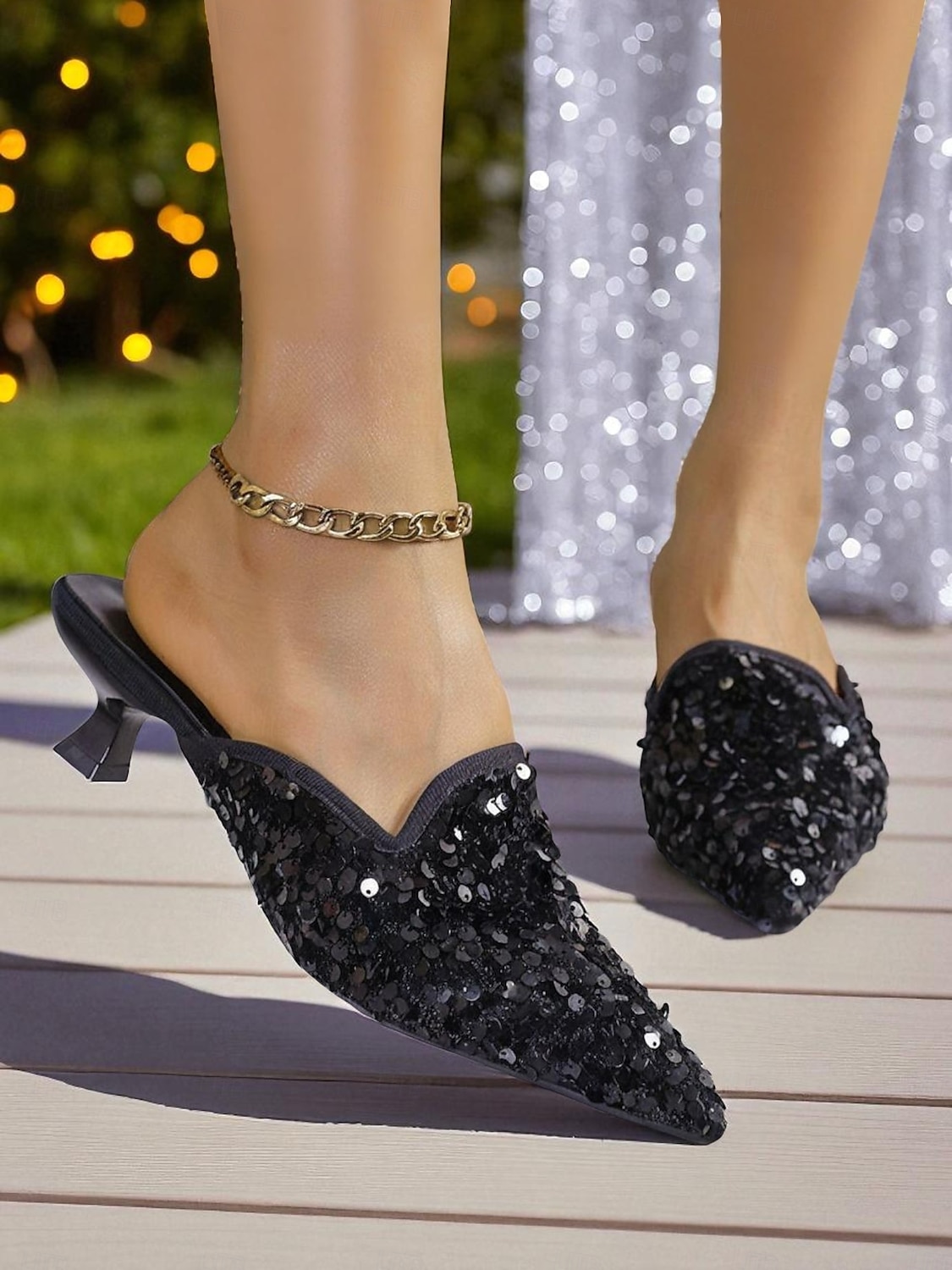 Svarta paljettfärgade spetsiga mules för kvinnor - glittriga slip-on-klackar för fest, nattliv, klubbar och cocktailevenemang 2025 - $26.99 –P7