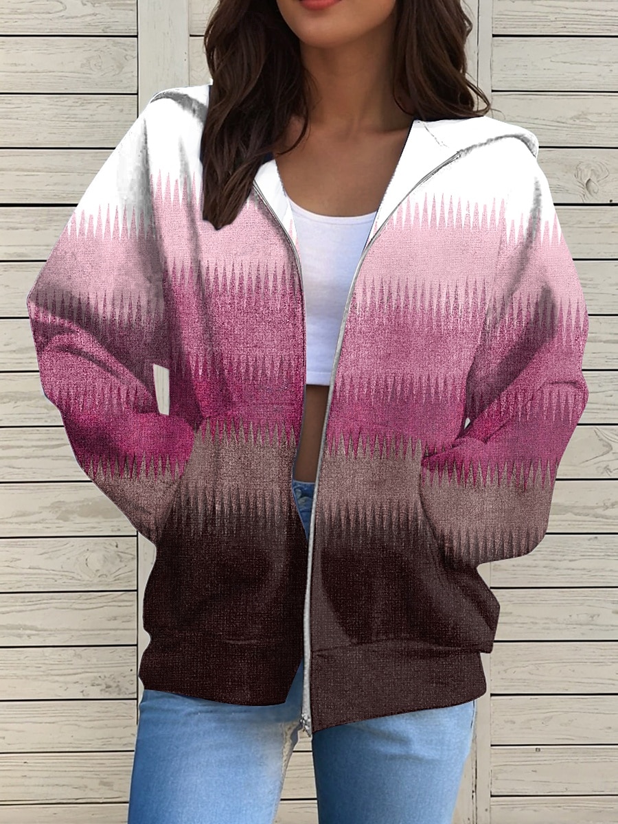 Women's Zip Up Hoodies Geometric Active Casual Long Sleeve Hooded Regular Tops Casual Holiday Zip Up Zipper Front Pocket Red Blue Purple Brown Green Spring Fall 2025 - $26.99 –P4