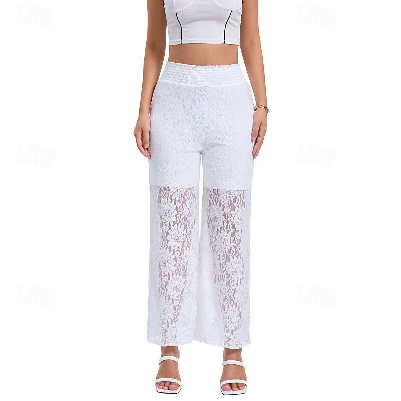 Femmes Jambe large Slacks Streetwear Occasionnel Longueur complète Naturel Uni Dentelle Patchwork Taille Élastique Confortable Fête Sortir Vert translucide Noir Blanche Bleu de minuit Automne Coupe de 2025 ? $16.99 –P13