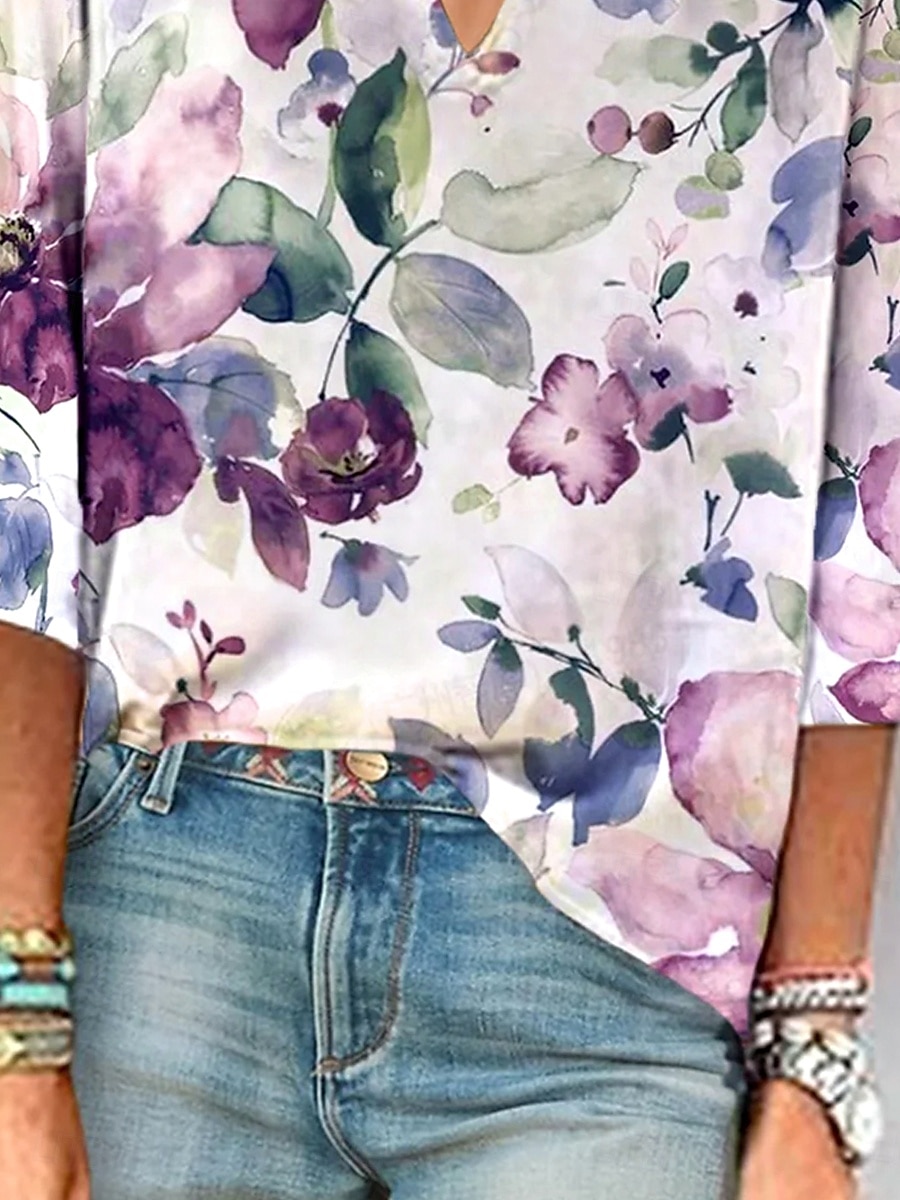 Damenbluse Button-Down Floral Grafik Elegant Stylisch Basic 3/4-Langarm V-Ausschnitt Reguläre Oberteile Täglich Urlaub Ausgehen Druck Weinrot Lila Grün Sommer Frühling 2025 - $25.99 –P3
