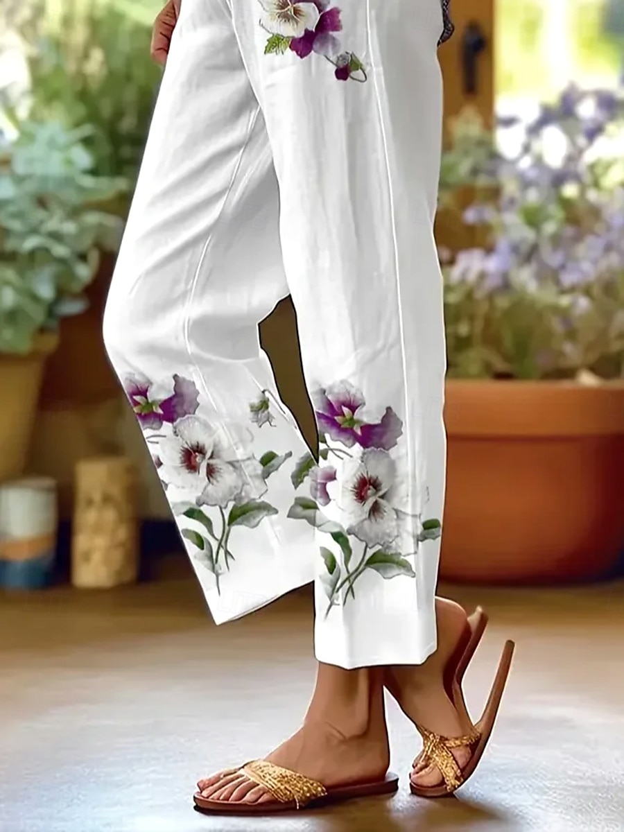 Damen Chinos Urlaub Vintage Lässig Knöchellang Hohe Taille Blumen Grafik Tasche Weich Außenbereich Atmungsaktiv Unelastisch Outdoor Urlaub Straße Weiss - Grün Lila Sommer Frühling Herbst Normale 2025 - $32.99 –P3