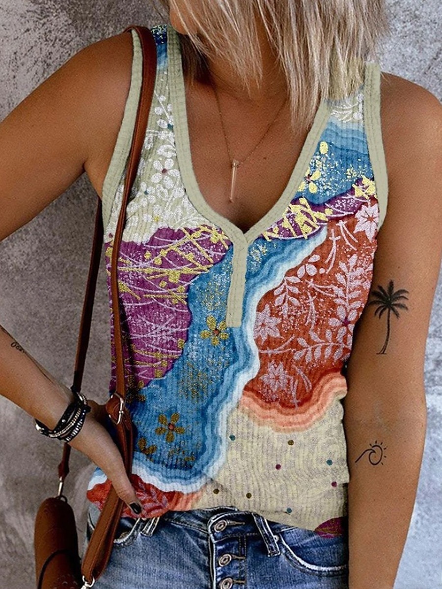 Dame Camisole Tank Top Grafisk Geometrisk Bohem Årgang Tropisk Ermeløs V-hals Vanlige topper Daglig Trykt mønster Lysegrønn Rød Blå Kakifarget Regnbue Sommer Vår 2025 - $17.99 –P2