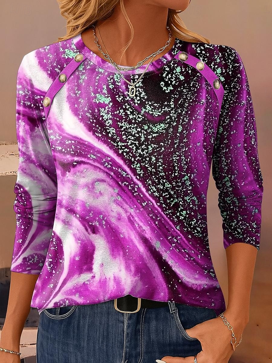 Femmes T-shirt Graphique Géométrique ancien Occasionnel manche longue Col ras du cou Hauts Réguliers Quotidien Boutons Imprimé Vert cendré Bleu Violet Marron Vert Printemps Automne Hiver de 2025 ? $24.99 –P5
