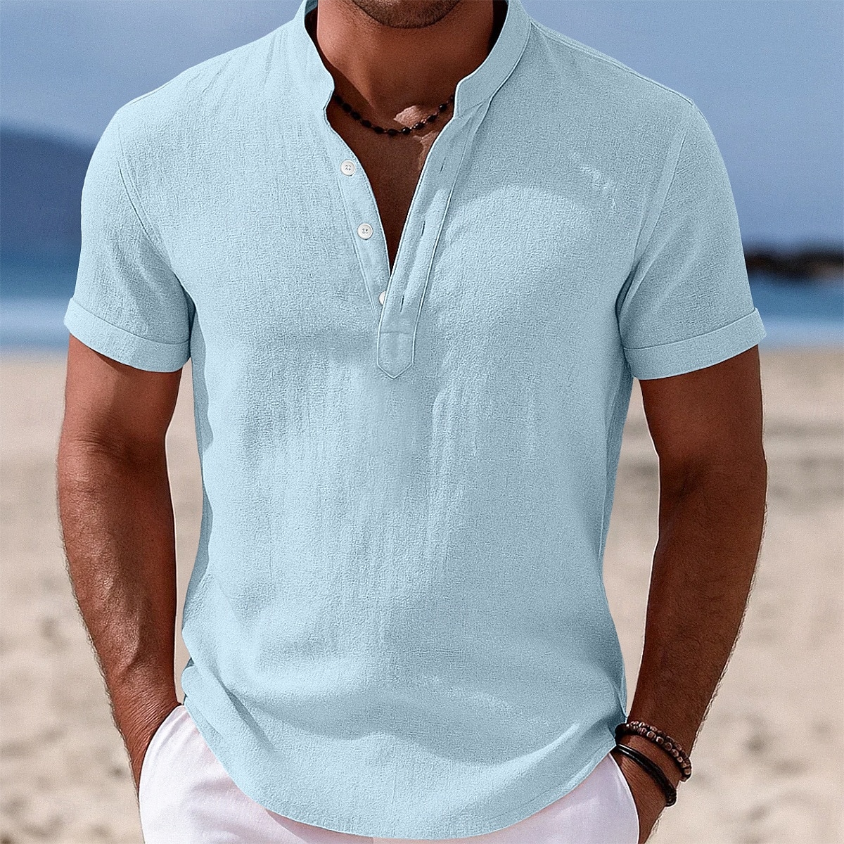 Herren Hemd Leinenhemd Stehkragenhemd Popover-Hemd Sommerhemd Strandbekleidung Einfach Urlaub Lässig Schwarz Weiß Gelb Rosa Kurzarm Stehkragen Sommer Bekleidung 2025 - $20.99 –P6