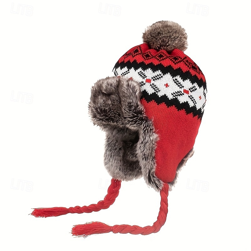 Stretch Knit Plush Winter Hat with Detachable Ear Flaps & Pom-Pom - Grid Pattern, Adjustable Drawstring for Outdoor Sports, Christmas Holiday - Black/White/Blue/Red, Winter Accessories 2025 - $29.99 –P5