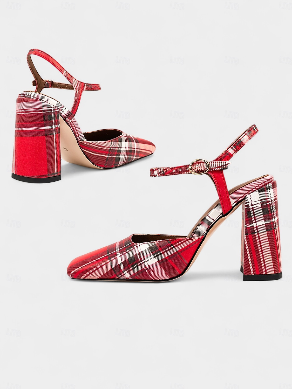 Women's Purple Plaid Block Heel Pumps –1970s Retro Square Toe High Heels with Ankle Strap for Daily Wear, Office & Vintage Outfits 2025 - $79.99 –P1