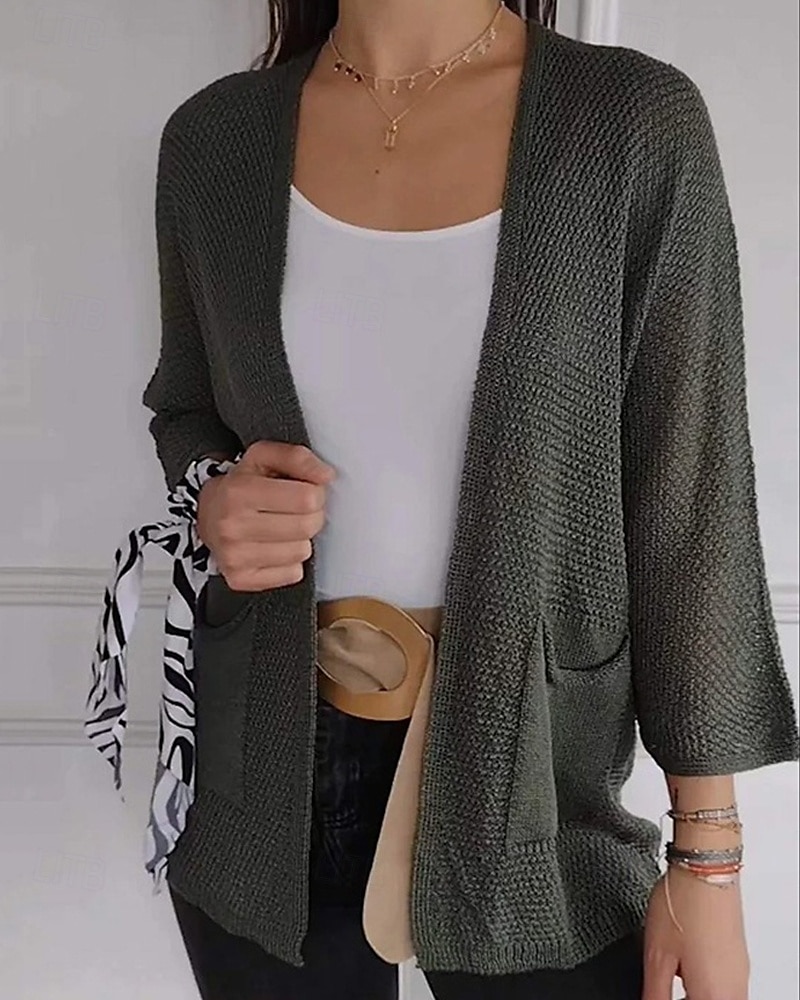 Pentru femei Pulover Bluza Modă Șic Stradă Zilnic Culoare solidă Striat Deschis frontal Tricotat Lungime Manșon 3/4 Topuri obișnuite Tricotat Concediu Ieșire Sfârșit de săptămână Verde Militar 2025 - $24.99 –P4