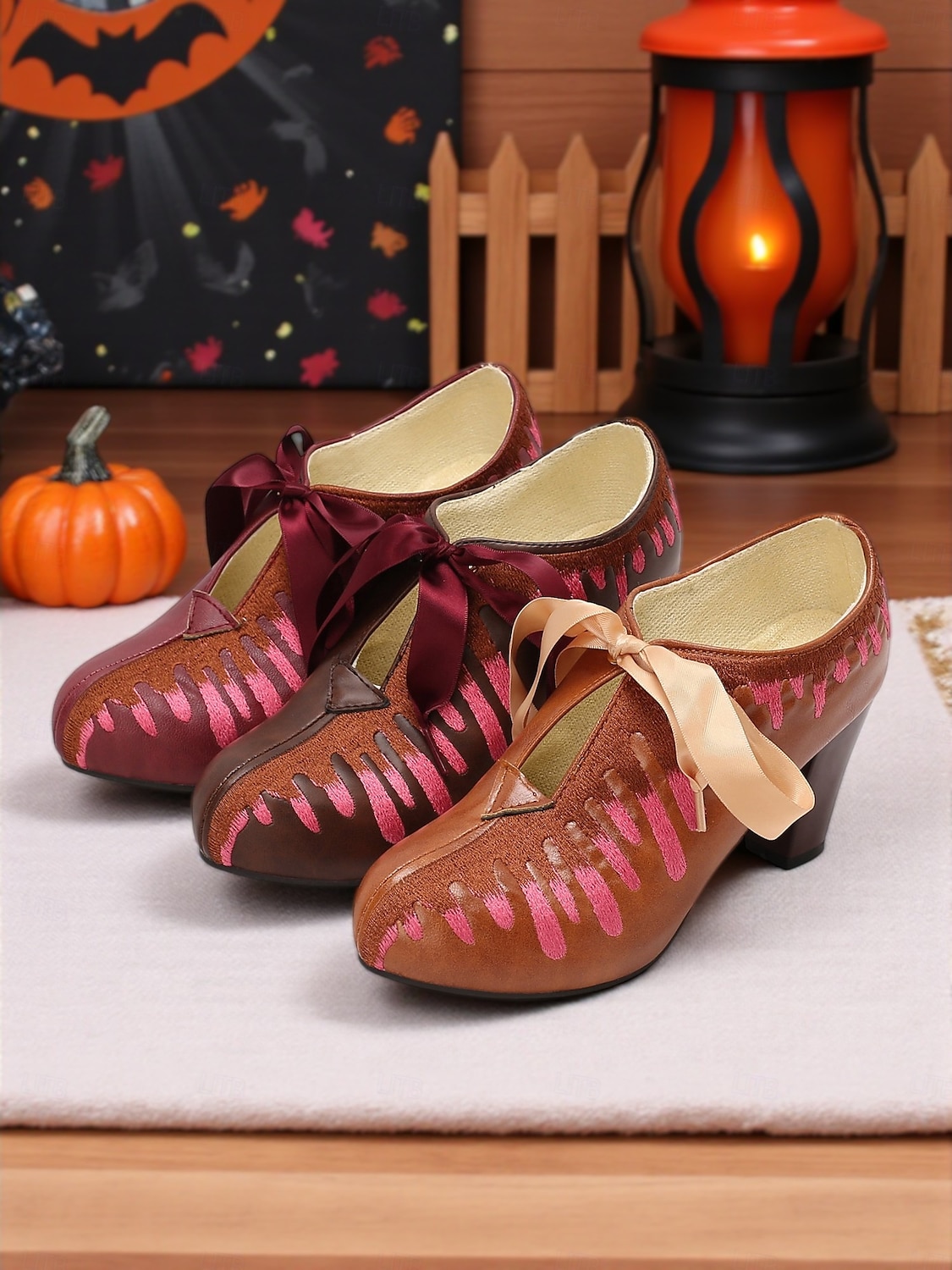 Chaussures à talons marron pour femmes avec broderie goutte rose - Escarpins de fête à lacets vintage avec ruban, parfaits pour le cosplay, les festivals d'automne et les événements costumés de 2025 ? $46.99 –P1