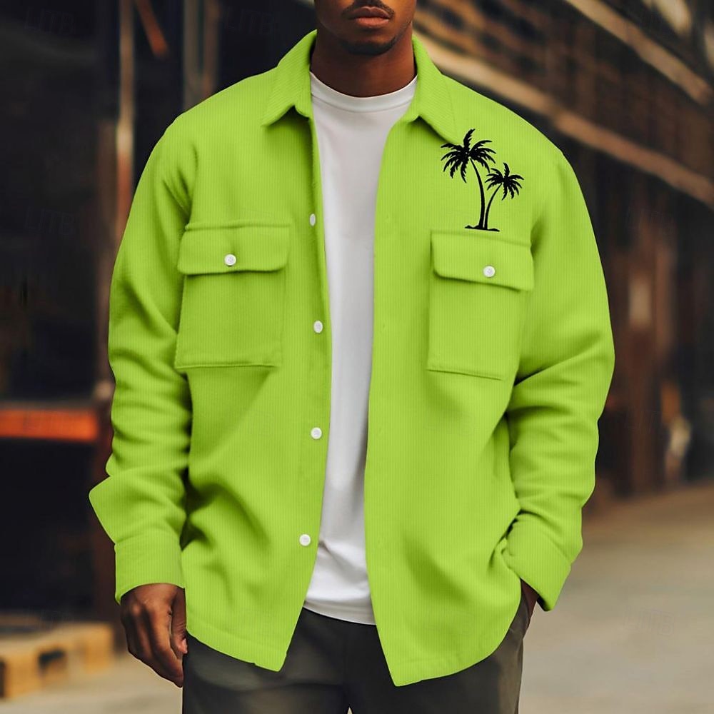 Men's Coconut Tree Corduroy Shirt Shacket Shirt Jacket Long Sleeve Casual Outdoor Dailywear Fall Winter Turndown Button-Down Warm Jacket with Flap Pockets Black White Green 2025 - $29.99 –P2