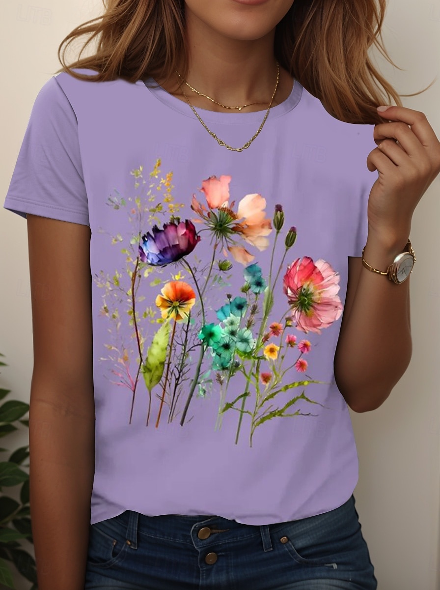Dame T skjorte Blomstret Grafisk Planter Årgang Stilfull Klassisk Kortermet Crew-hals Vanlige topper Daglig Ut på byen Helg Trykt mønster Svart Hvit Rosa Blå Himmelblå Sommer Vår Høst 2025 - $19.99 –P8