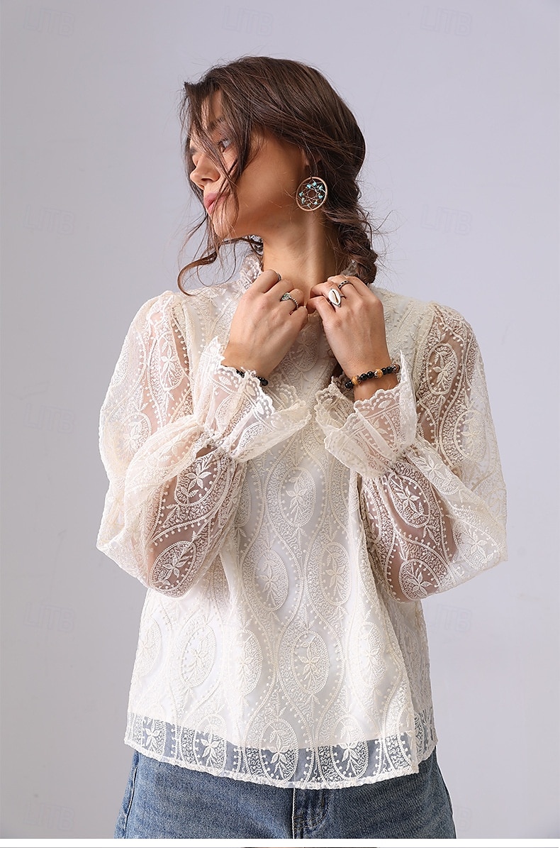 Damen Spitzenbluse Einfarbig Elegant Bohemien Vintage Langarm Hoher Ausschnitt Normale Oberteile Party-Abendmode Ausgehen Strandbekleidung Bestickt Schwarz Weiß Aprikose Frühling, Herbst, Winter 2025 - $49.99 –P1