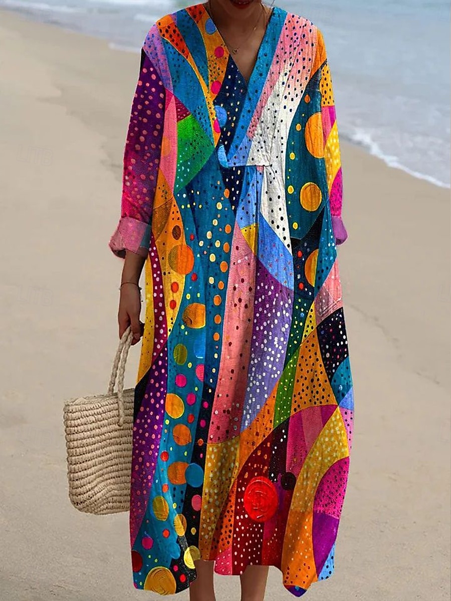 Per donna Abito Midi Vestito Estivo Abito a Tubino Vacanza Casual Spiaggia Uscire Spiaggia Vestibilità comoda Grafico Geometrico Manica Lunga Scollo a V Giallo scuro Giallo Rosa Blu Estate Primavera del 2025 a $35.99 –P2