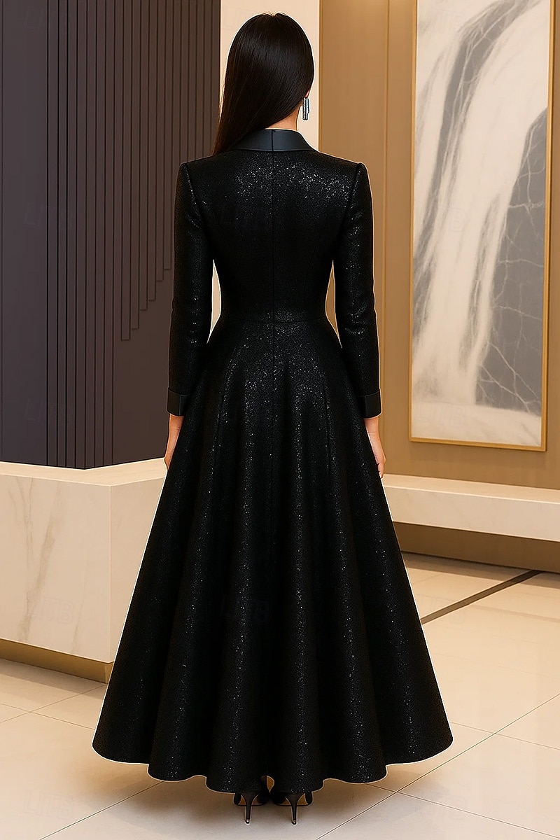 Smokingkleid A-Linie Formell Hochzeitsgast Kentucky Derby Satin Pailletten Elegant Glitzernd Langarm Knöchellänge Peak Revers 2025 - $149.99 –P3