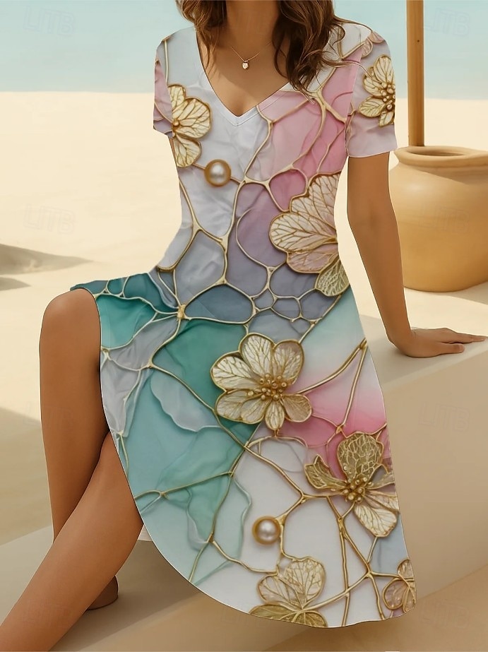 Femmes Mini Robe Robe T-Shirt Robe d'Été Robe trapèze Vacances Occasionnel Boho Sortir Plage Coupe régulière Fleuri Graphique Manche Courte Col en V Noir Vert Claire Bleu Bleu Ciel Été Printemps de 2025 ? $23.99 –P1