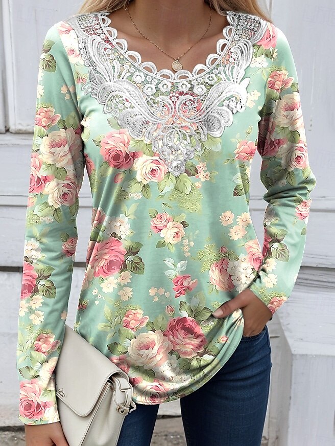 Femmes Chemisier Fleuri Graphique Plantes ancien Mode Élégant manche longue Col ras du cou Hauts Réguliers Quotidien Sortir Week-end Dentelle Patchwork Imprimé Noir Rouge Bleu Ciel Bleu Poudré Vert de 2025 ? $23.99 –P5