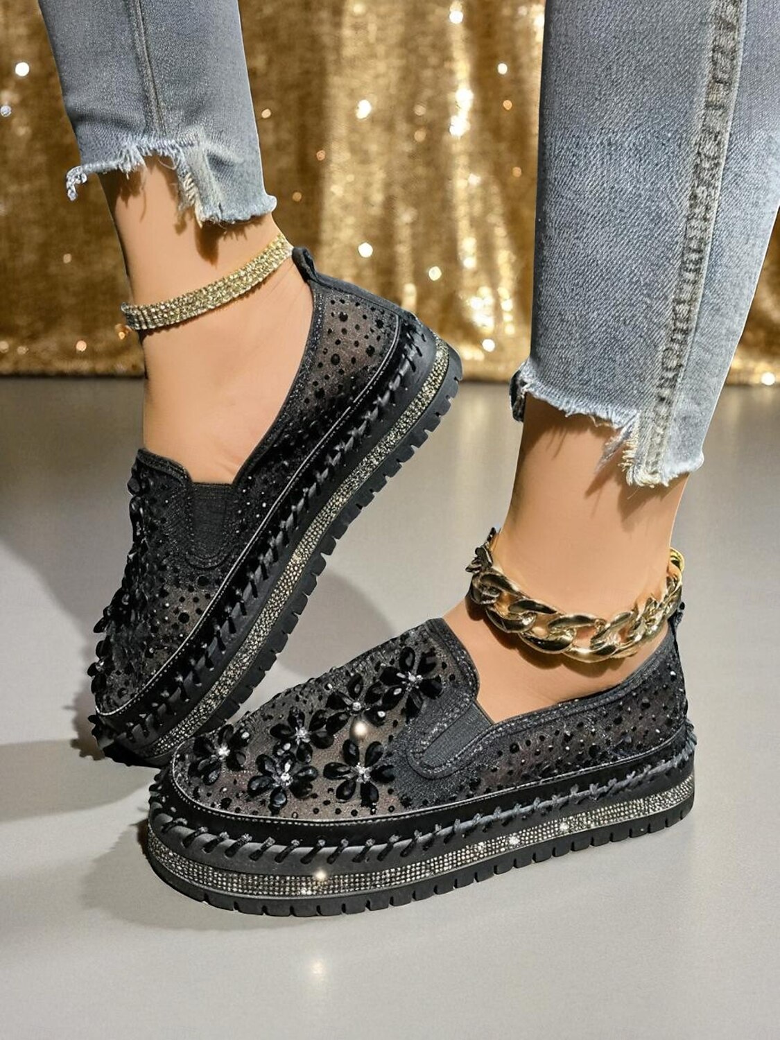 Sneakers slip-on da donna con strass, tomaia in mesh e suola spessa - scarpe alla moda per la vita notturna, le feste e le discoteche del 2025 a $34.99 –P1